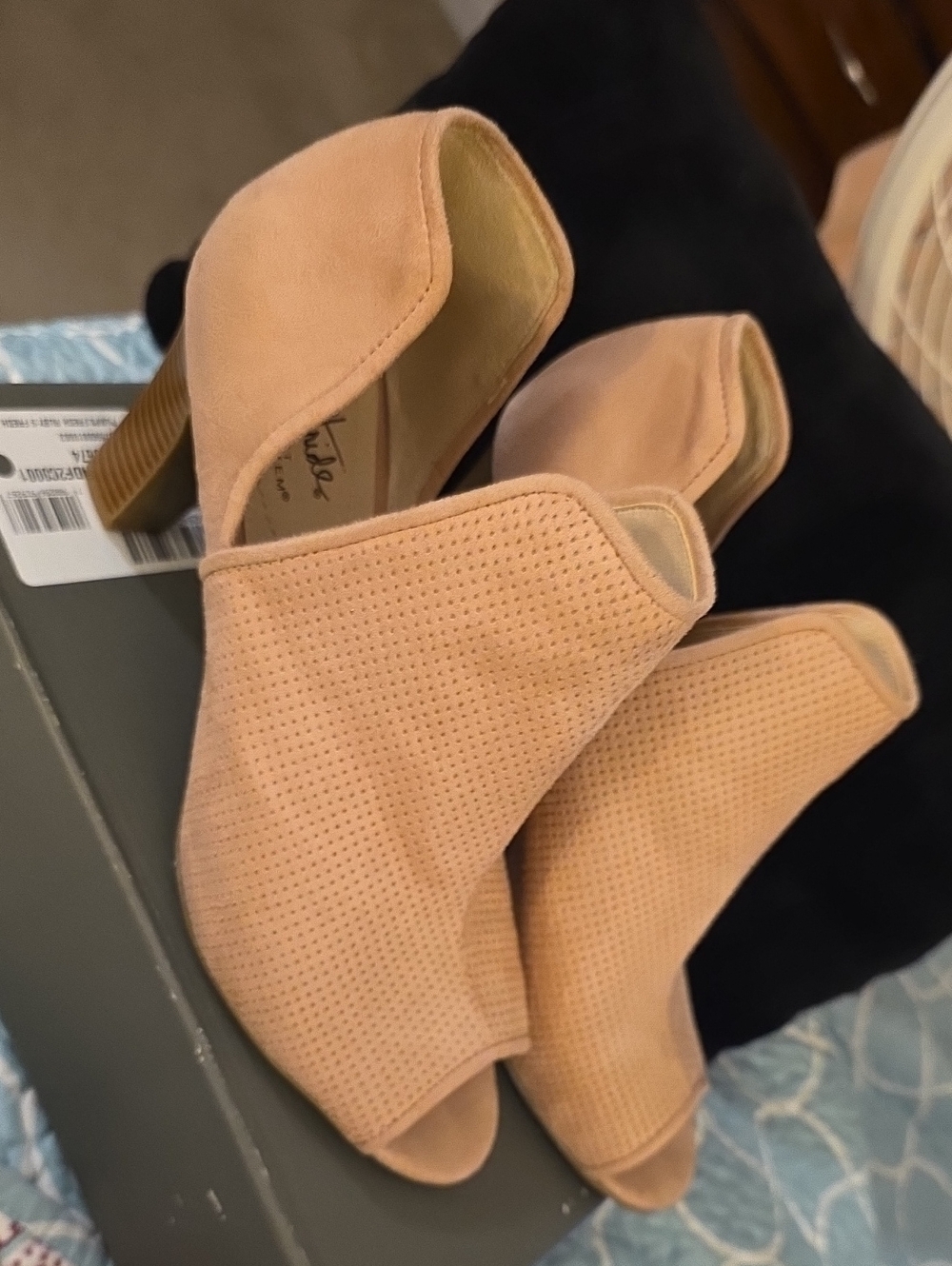 Peep-Toe Block Heel Mules in Blush Pink